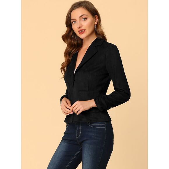 Long Sleeve Open Front Drawstring Faux Suede Blazer Black - Picture 4 of 6